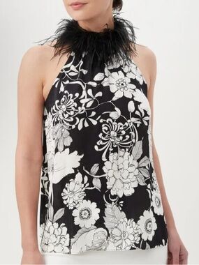 Trina Turk grand feather & White Floral Halter Top with Feather Collar Sz L